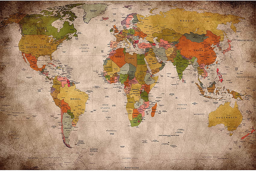GREAT ART â Retro World Map Look Usado â Decoração Atlas Globe Continentes Geografia da Terra Old School Vintage Card Decor Wall Mural (82..1in - cm): Posters & papel de parede HD